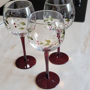 3 Holiday Christmas  Holly painted wine glasses